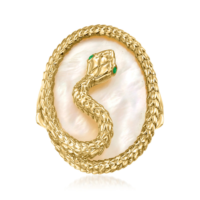 Gold snake ring with mother-of-pearl body and green gemstone eye detail
