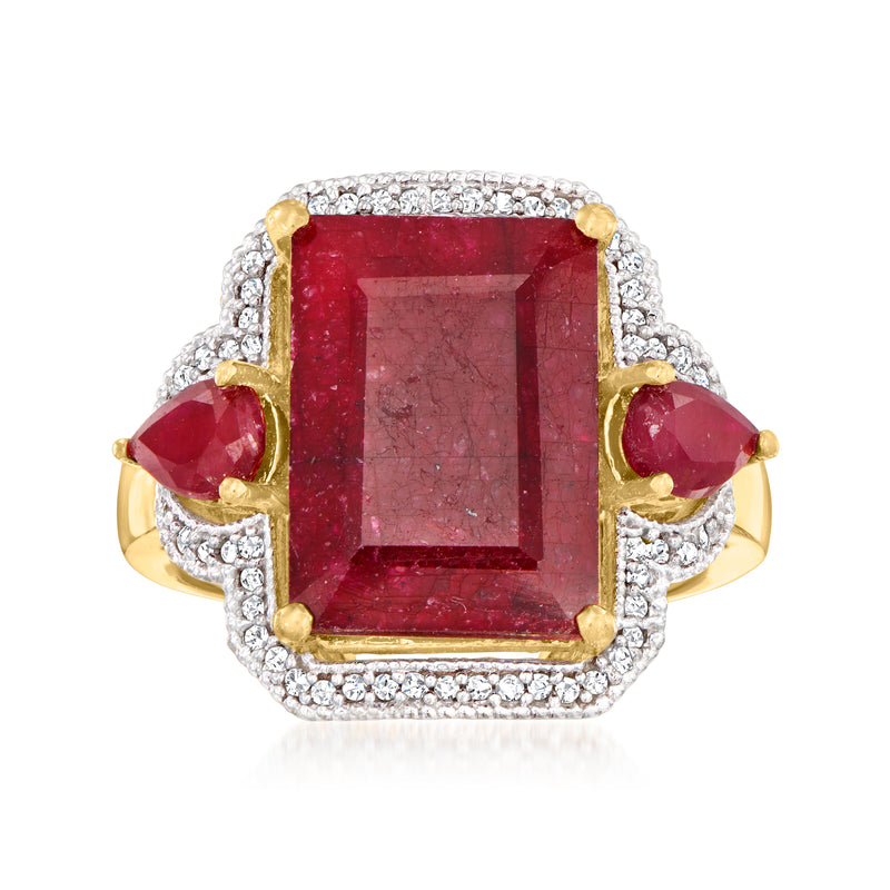 18kt gold over sterling ruby and diamond three-stone ring with rectangular center ruby