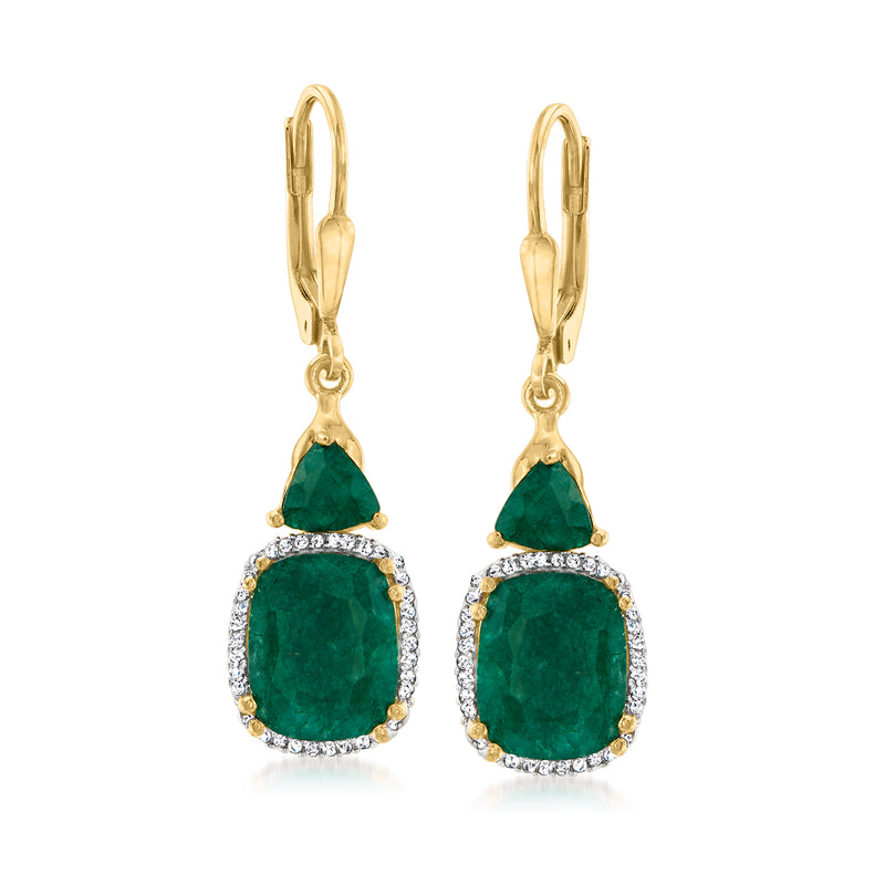 Gold leverback drop earrings with oval emerald-green gemstone and diamond halo