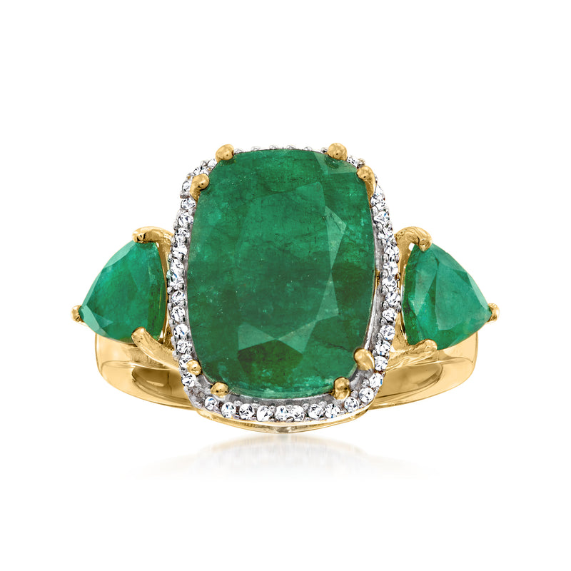 Emerald-cut green emerald ring with diamond halo and prong-set 18kt gold band