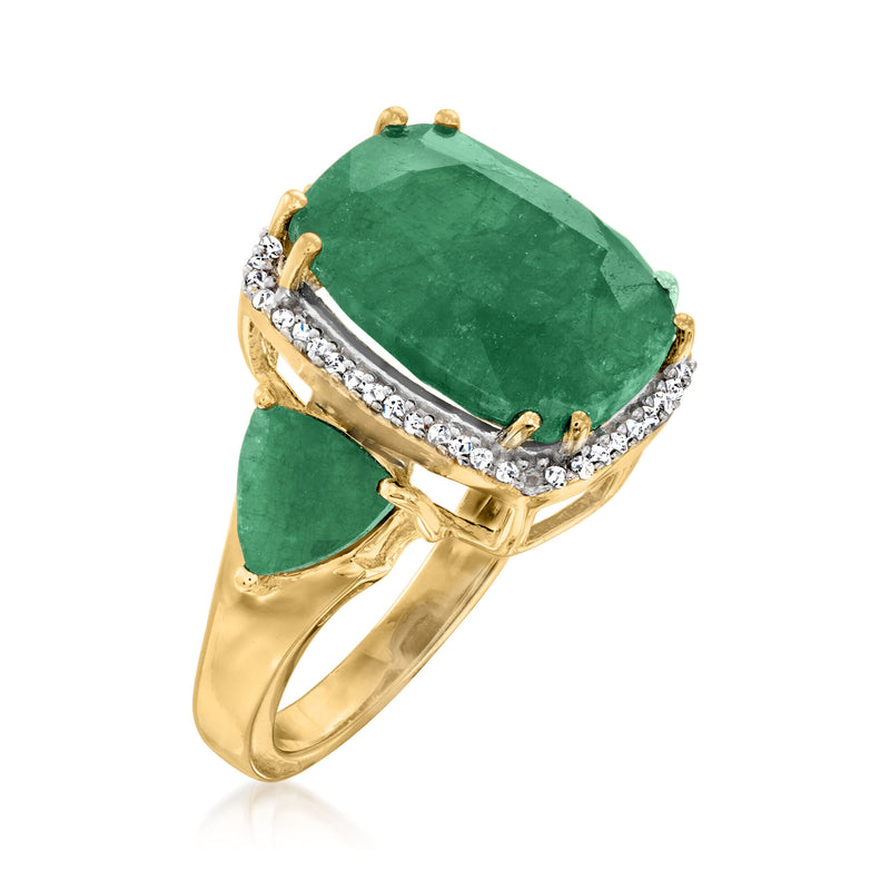 Emerald and diamond ring with oval green center stone, diamond trim, 18kt gold band
