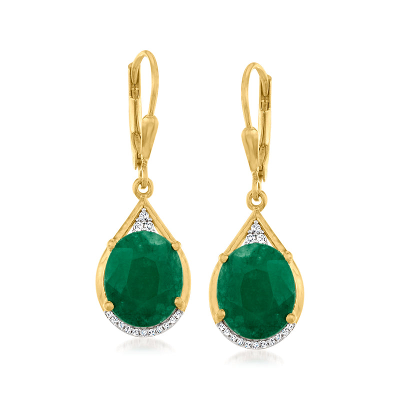 18kt gold over sterling leverback drop earrings with green emerald pear and diamond halo