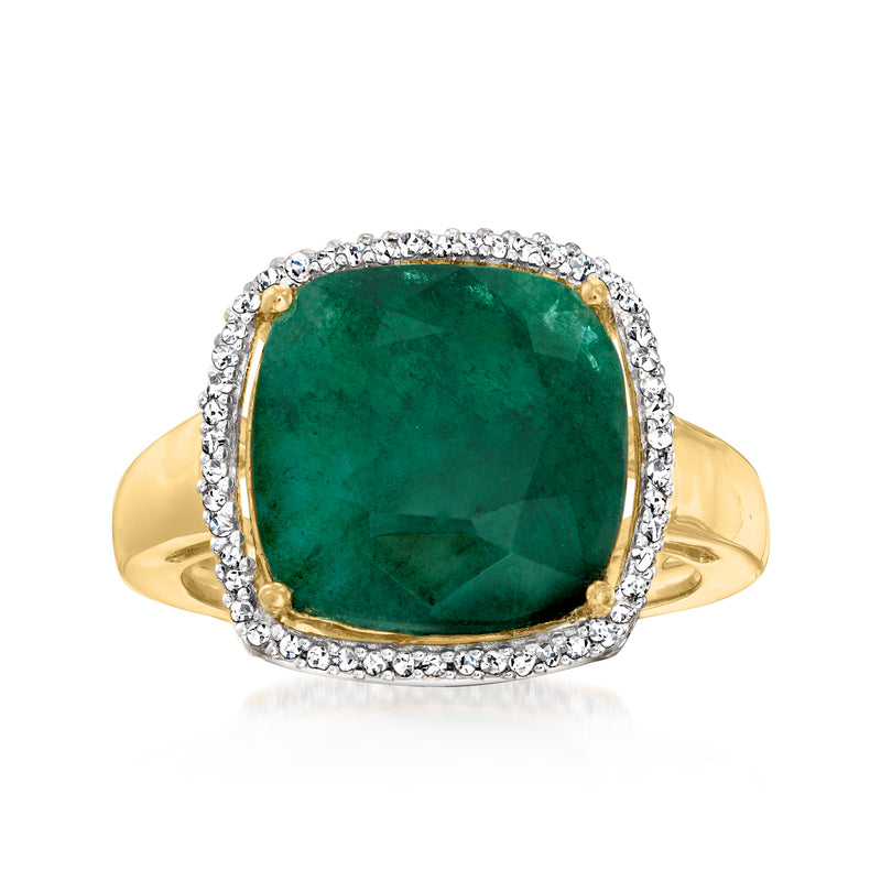 18kt gold-over-sterling ring with cushion emerald-green gemstone and diamond halo