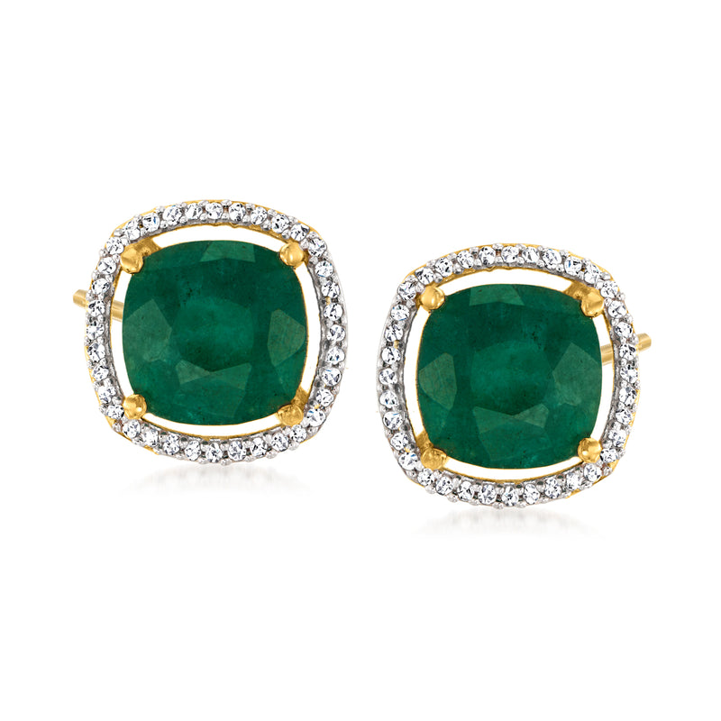 Emerald green cushion-cut stud earrings with diamond halo and gold posts