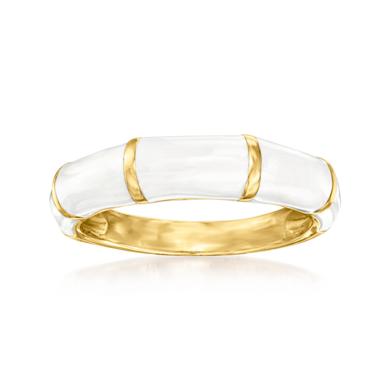 Gold over sterling ring with white enamel striped centerpiece, open oval band