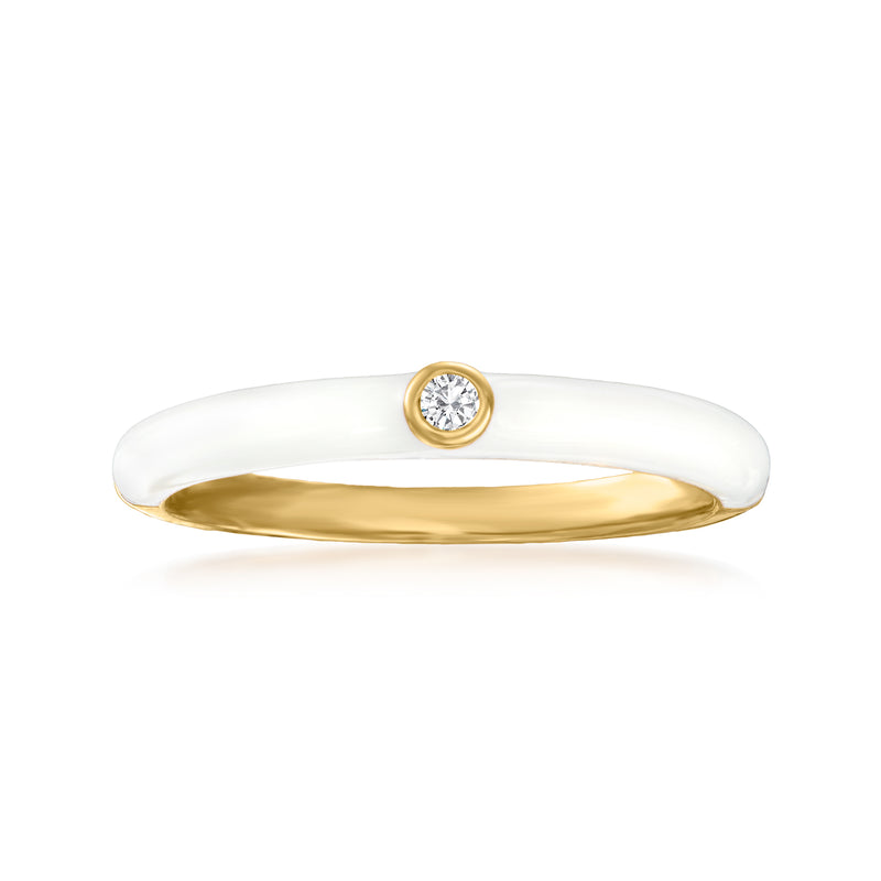 White enamel and gold ring with single round CZ solitaire