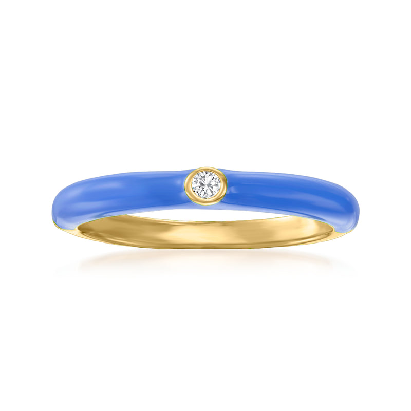 Blue enamel ring with round CZ accent in gold-tone bezel on polished gold band