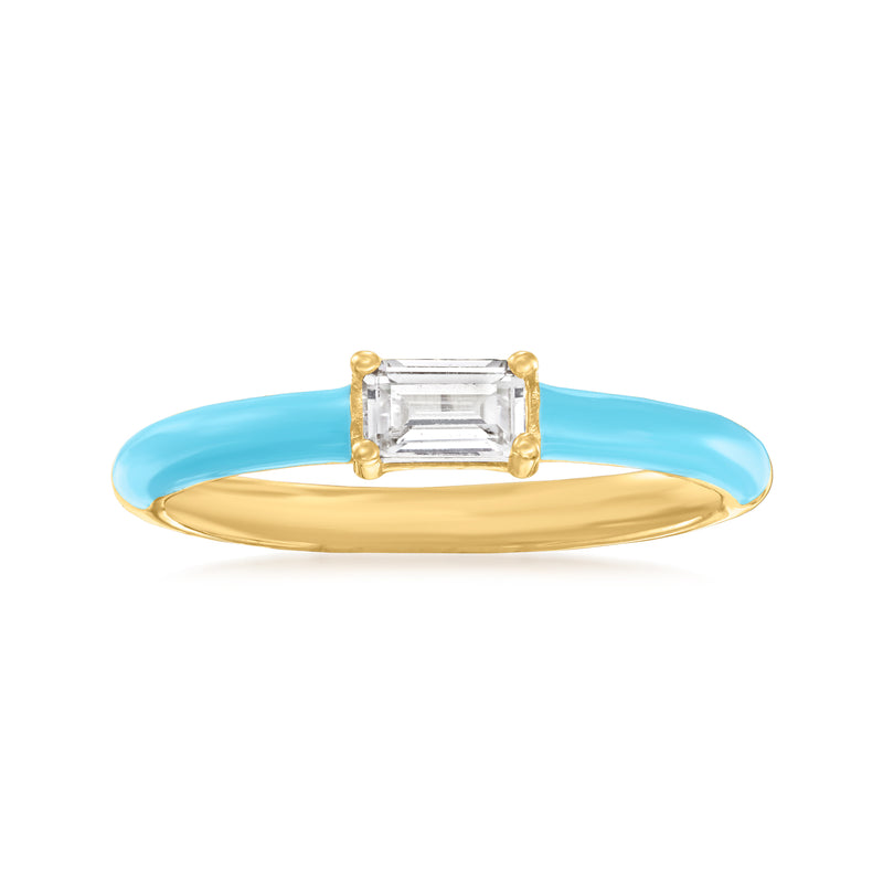 Gold over sterling ring with blue enamel band and rectangular clear CZ bezel