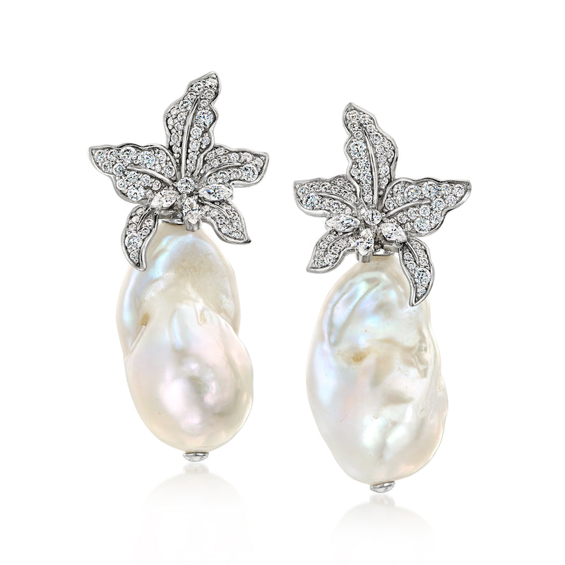 Sterling silver floral CZ drop earrings with large baroque cultured pearl drops