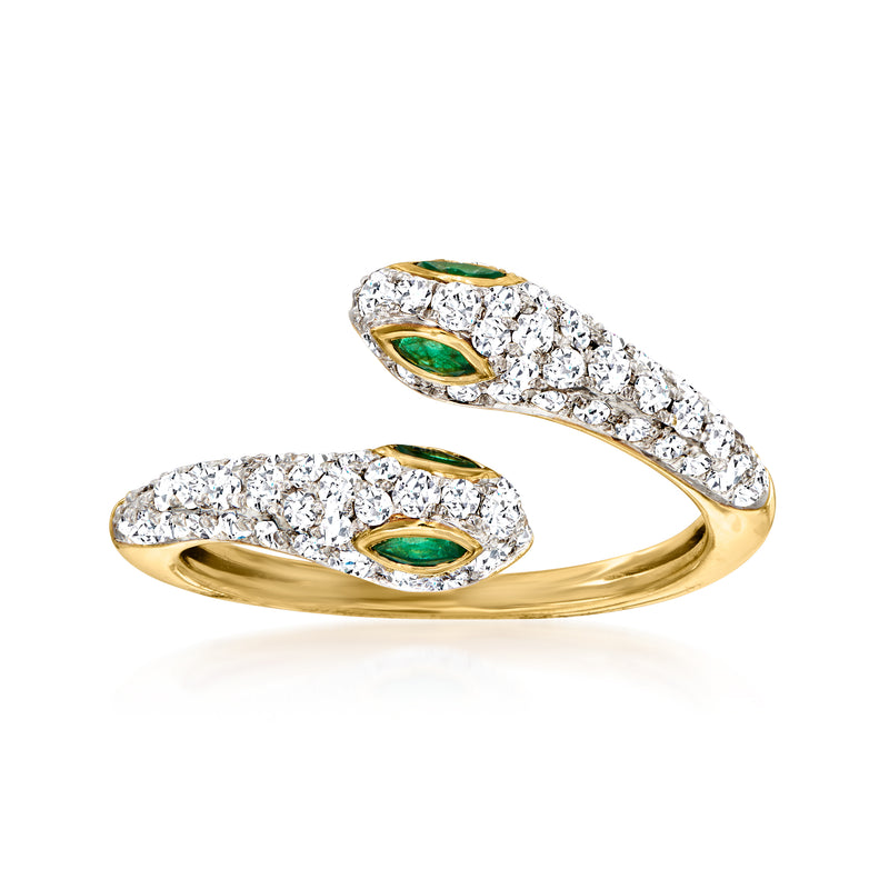 Double snake head bypass ring with diamond and emerald accents in gold over sterling
