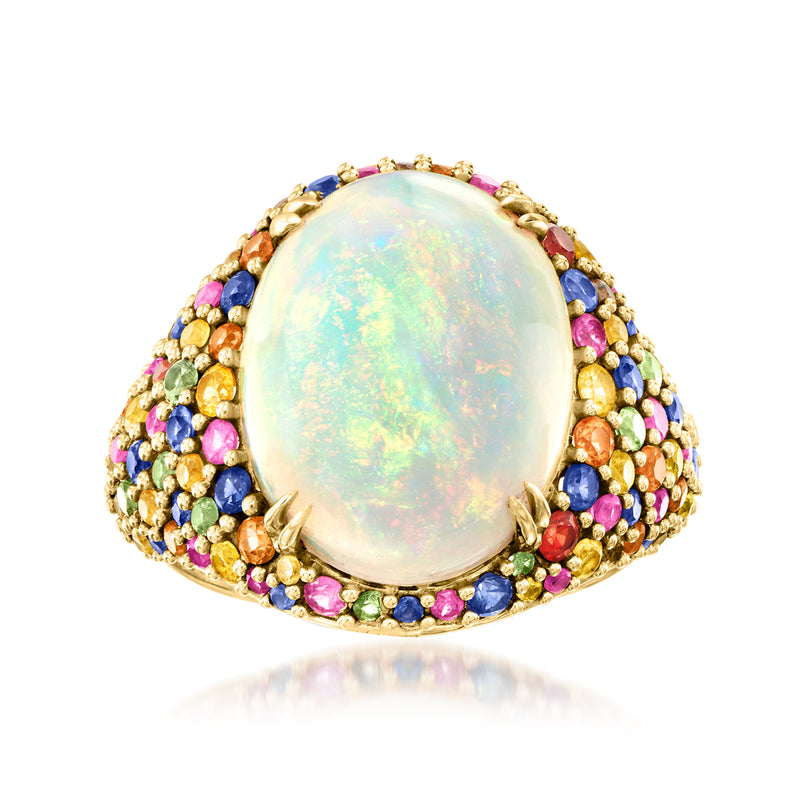 Oval Ethiopian opal center ring with multicolor sapphire halo in 14kt yellow gold