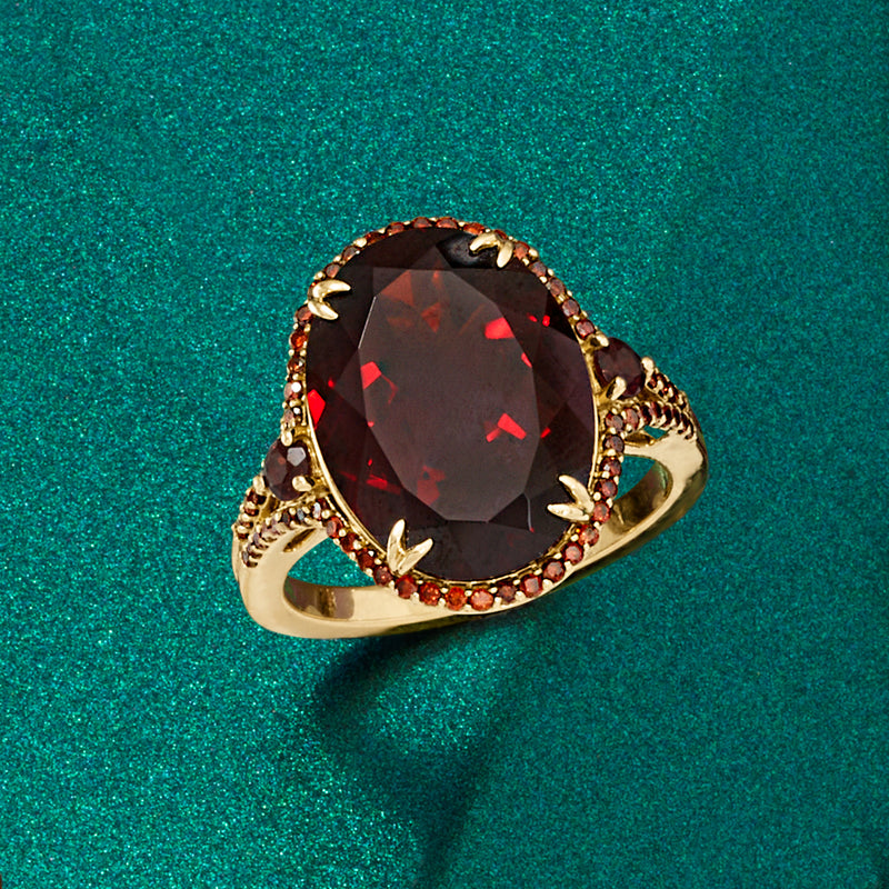 11.20 ct. t.w. Garnet and .36 ct. t.w. Red Diamond Ring in 14kt Yellow Gold