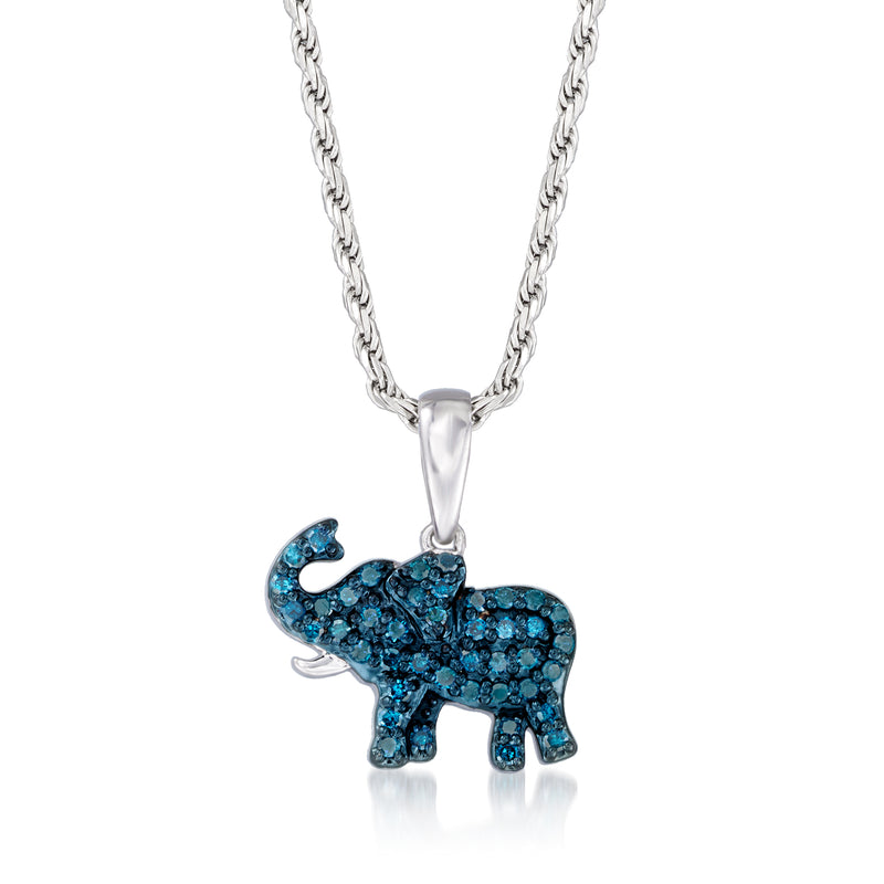 Sterling silver elephant pendant necklace with blue diamond-look accents on chain