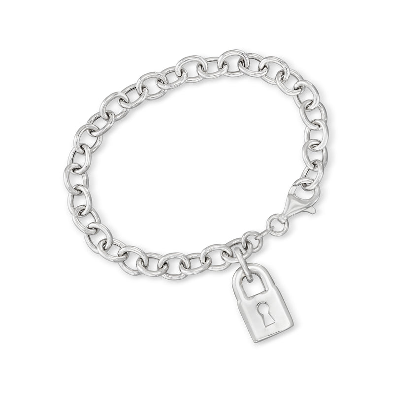 Italian sterling silver lock charm bracelet with oval link chain and small padlock charm