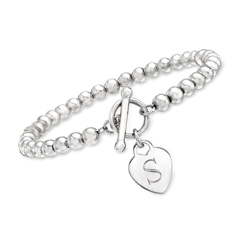 Sterling silver bead bracelet with lobster clasp and heart charm with engraved initial