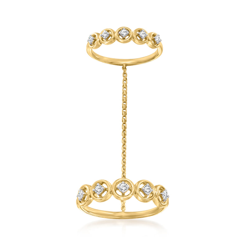 Gold double-diamond ring set with round stones and two circular bands connected by a chain