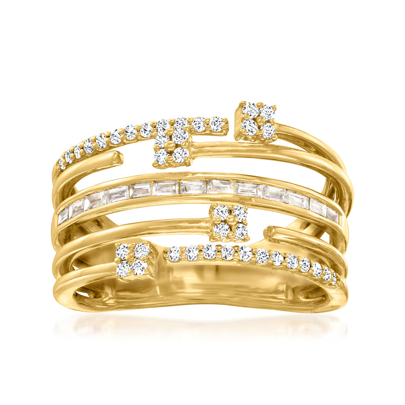 Three-row gold diamond ring with round and baguette accents on top