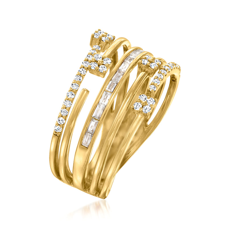 Gold multi-row diamond baguette and round ring with prong-set stones