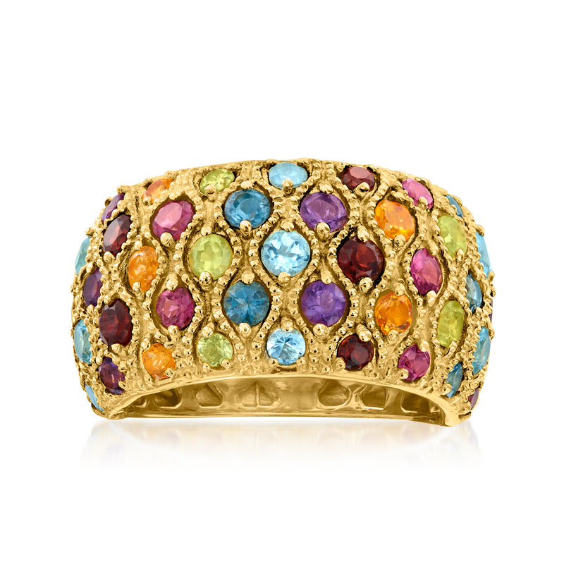 Gold-tone multi-gemstone ring with blue, purple, orange, red, and green stones
