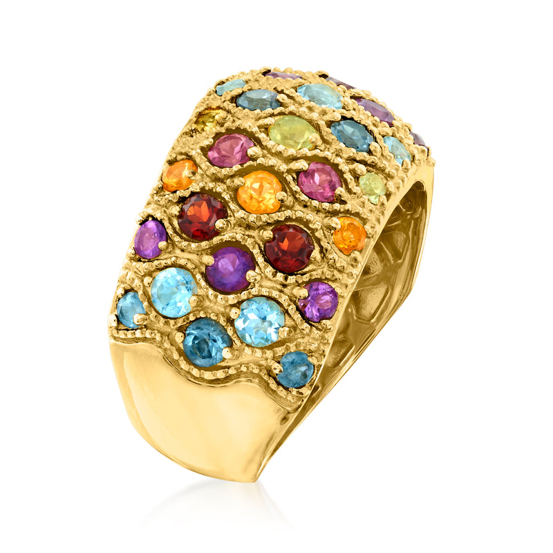 Gold-tone ring with domed top and blue, purple, orange, and red gemstones