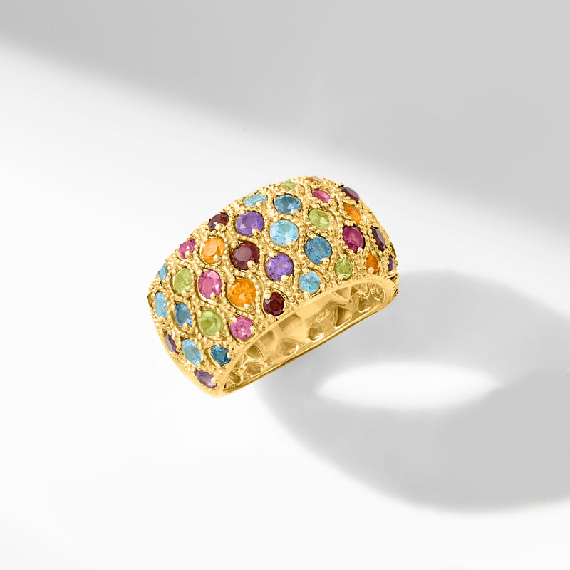 Gold-tone multi-gemstone ring with purple, blue and orange stones, domed top
