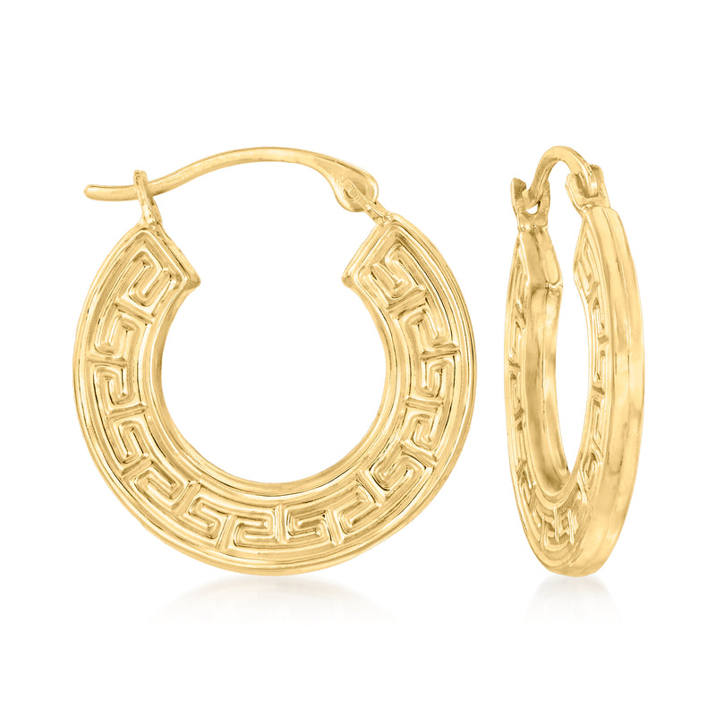 10kt yellow gold Greek key hoop earrings, round patterned hoop