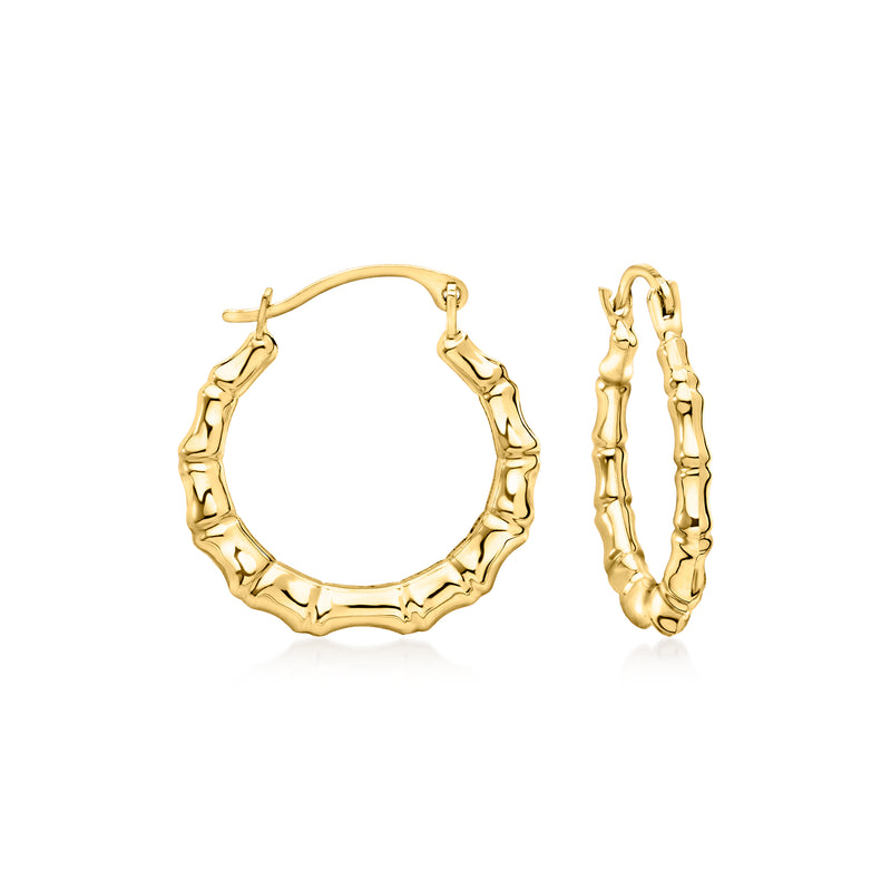10kt yellow gold bamboo-style hoop earrings with textured bamboo pattern and hinged clasp