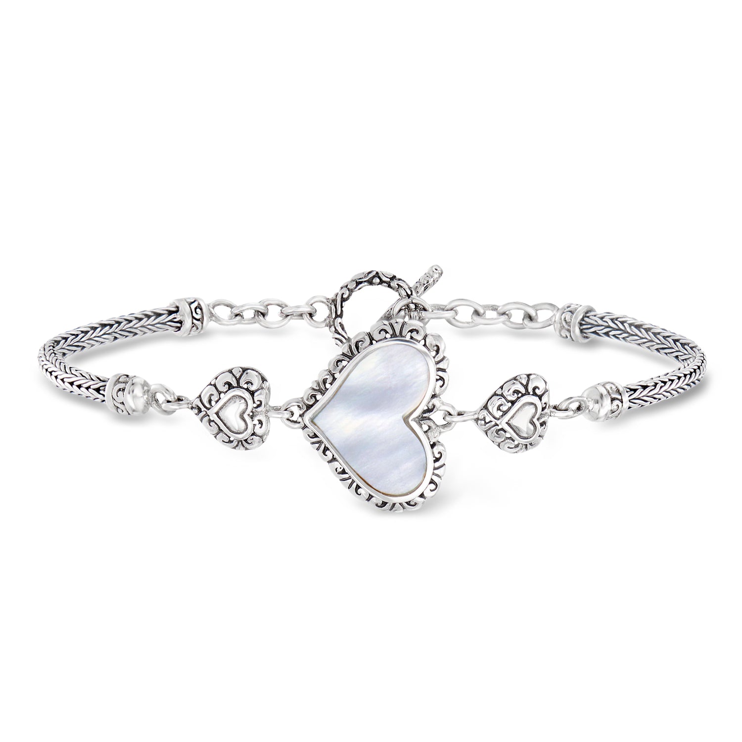 Mother-of-Pearl Bali-Style Heart Bracelet in Sterling Silver