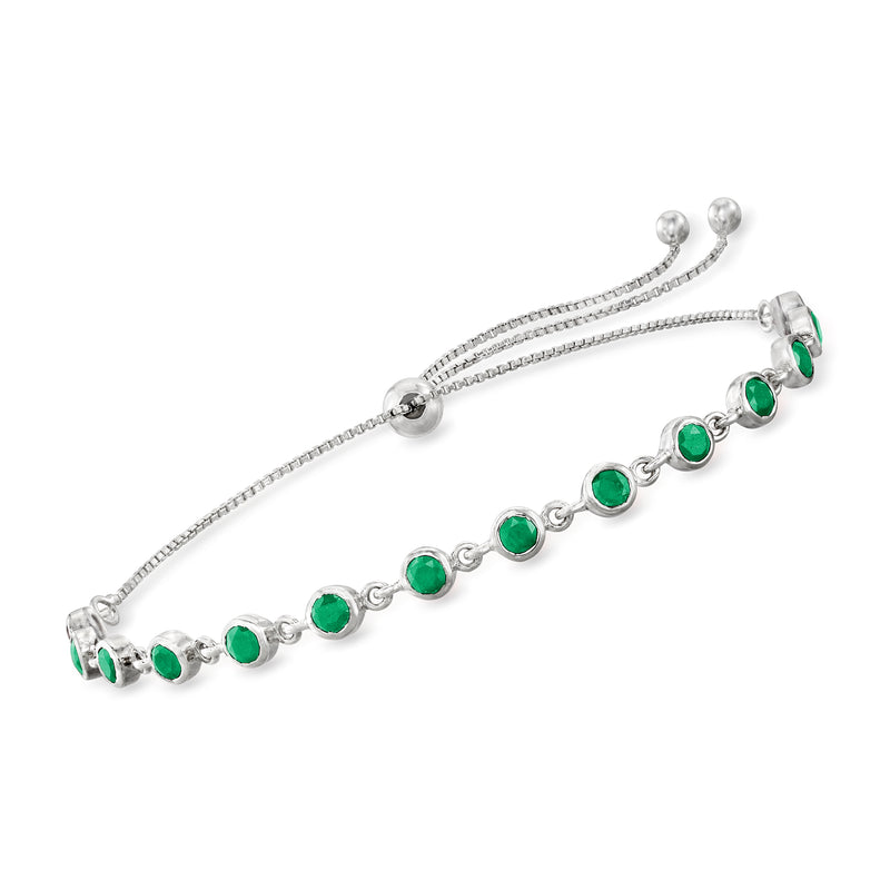 Sterling silver bolo bracelet with round green gemstones and adjustable sliders