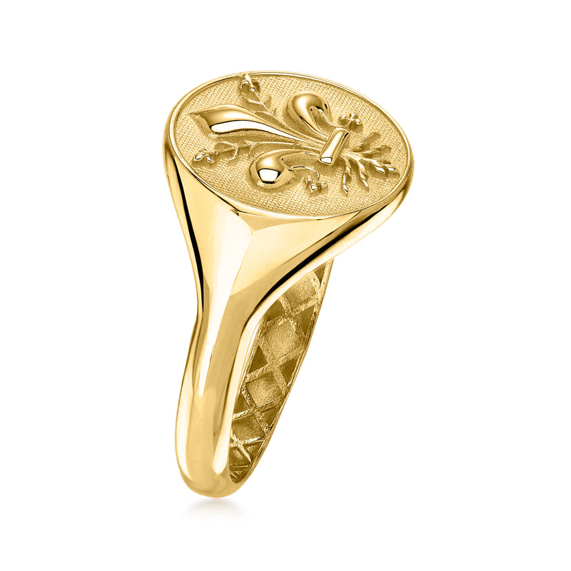 Yellow gold fleur-de-lis signet ring, side view with raised oval crest