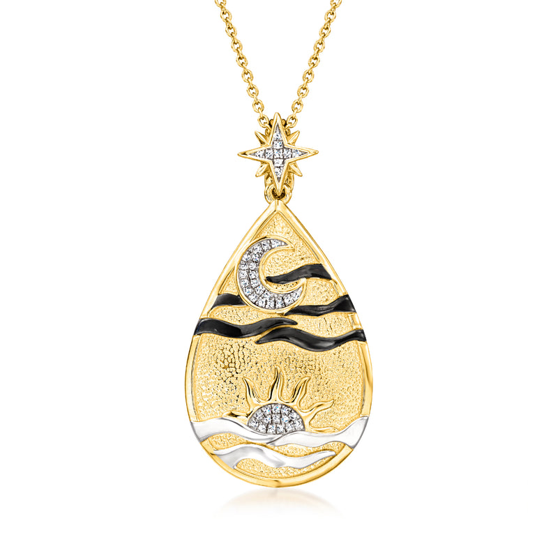 18kt gold over sterling pear-shaped sun and moon medallion necklace with diamond accents