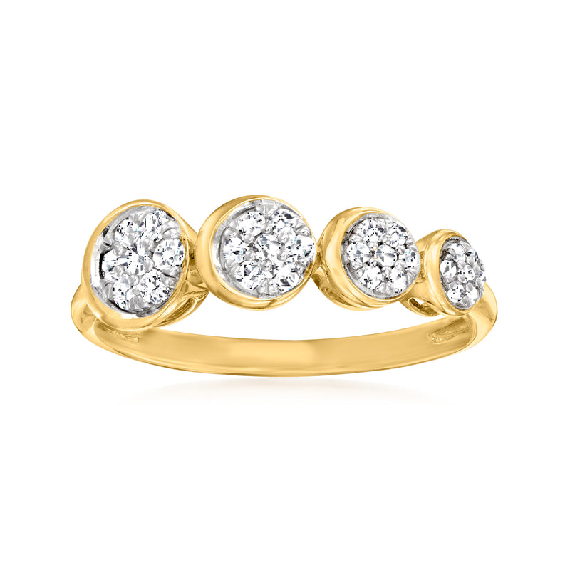 Gold cluster ring with four round diamonds, graduated sizes on band