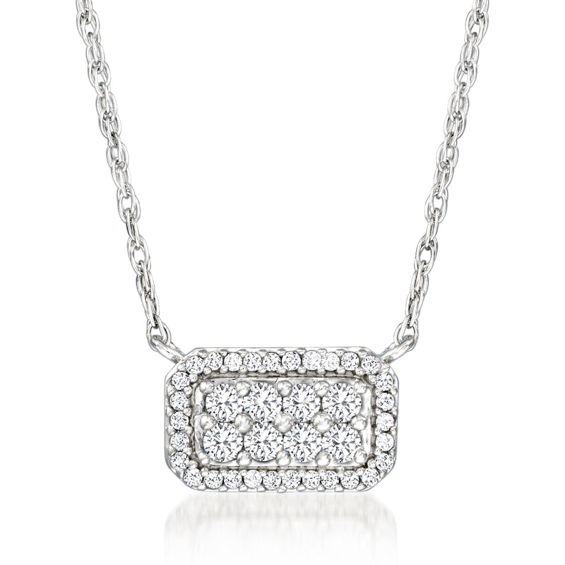 Sterling silver diamond cluster necklace with rectangular halo pendant and chain