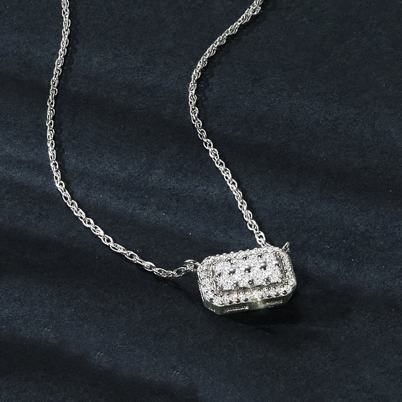 Sterling silver diamond cluster necklace with rectangular pave pendant on chain