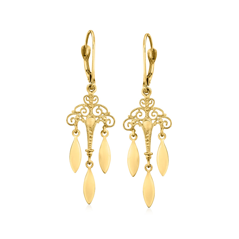 14kt yellow gold filigree chandelier drop earrings with leverback hooks and teardrop drops