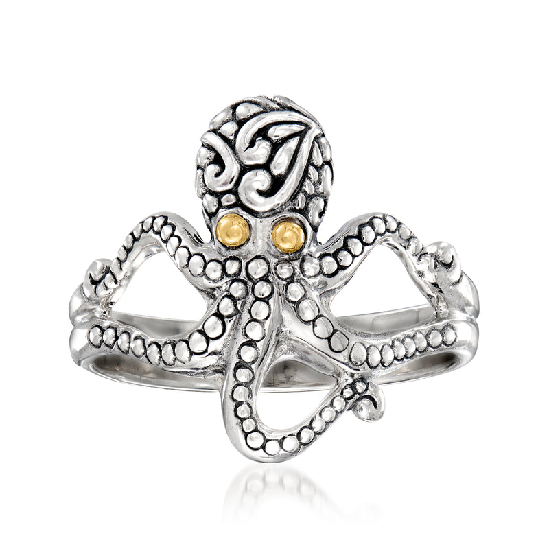 Octopus ring in sterling silver with 18kt yellow gold accent eyes