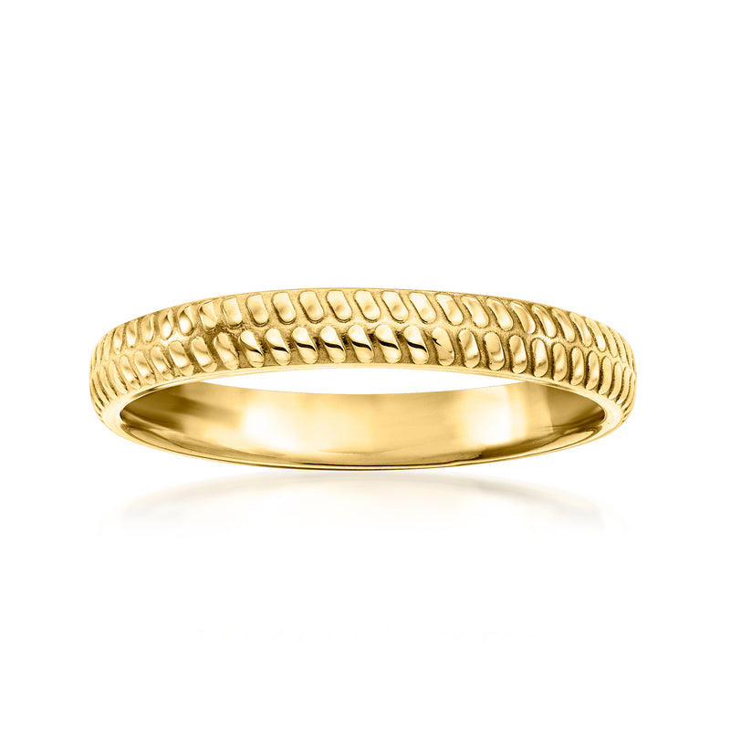 14kt yellow gold textured ring with raised snake-like pattern on the band