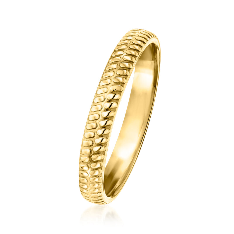 Yellow gold textured band ring with ridged snake-scale pattern and smooth inside