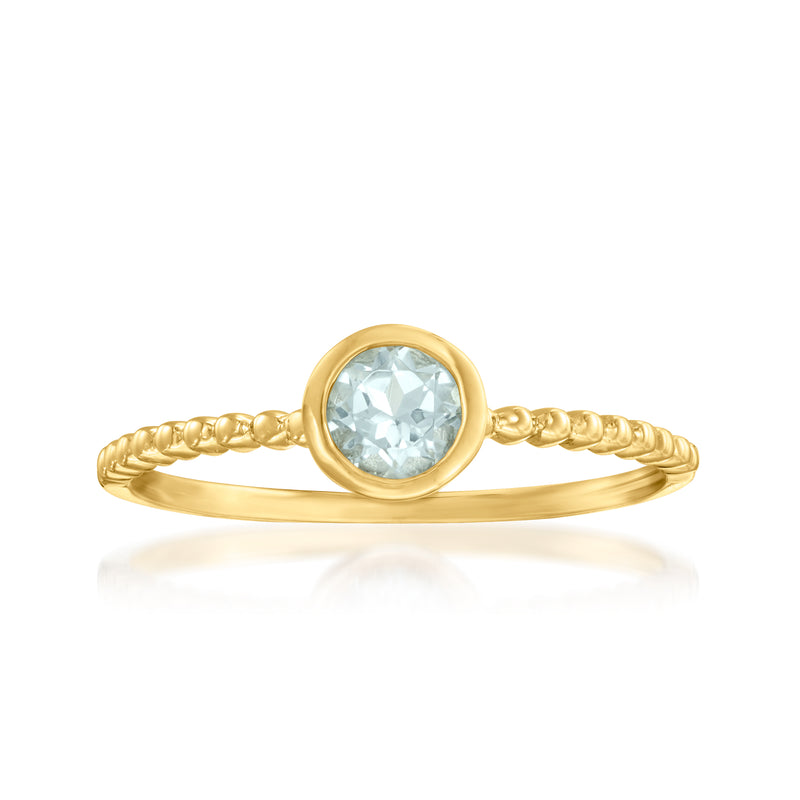14kt yellow gold aquamarine beaded ring with round light-blue gemstone