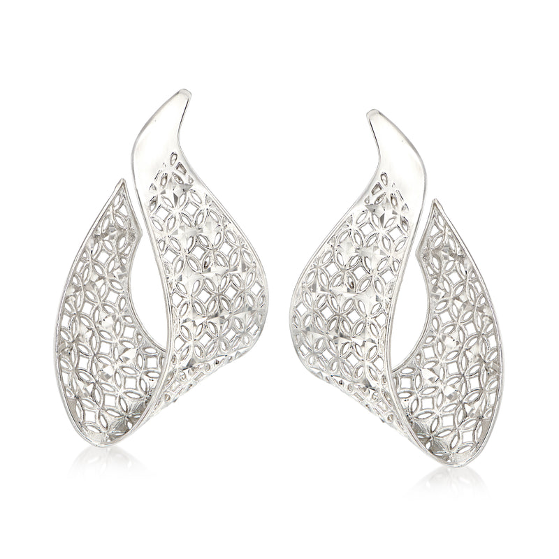 Sterling silver openwork curved drop earrings with floral cutout design