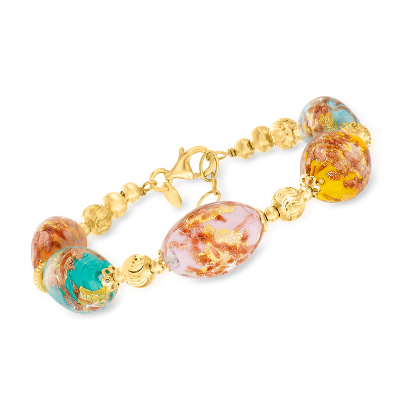 Multicolored Murano glass bead bracelet with 18kt gold over sterling chain and lobster clasp
