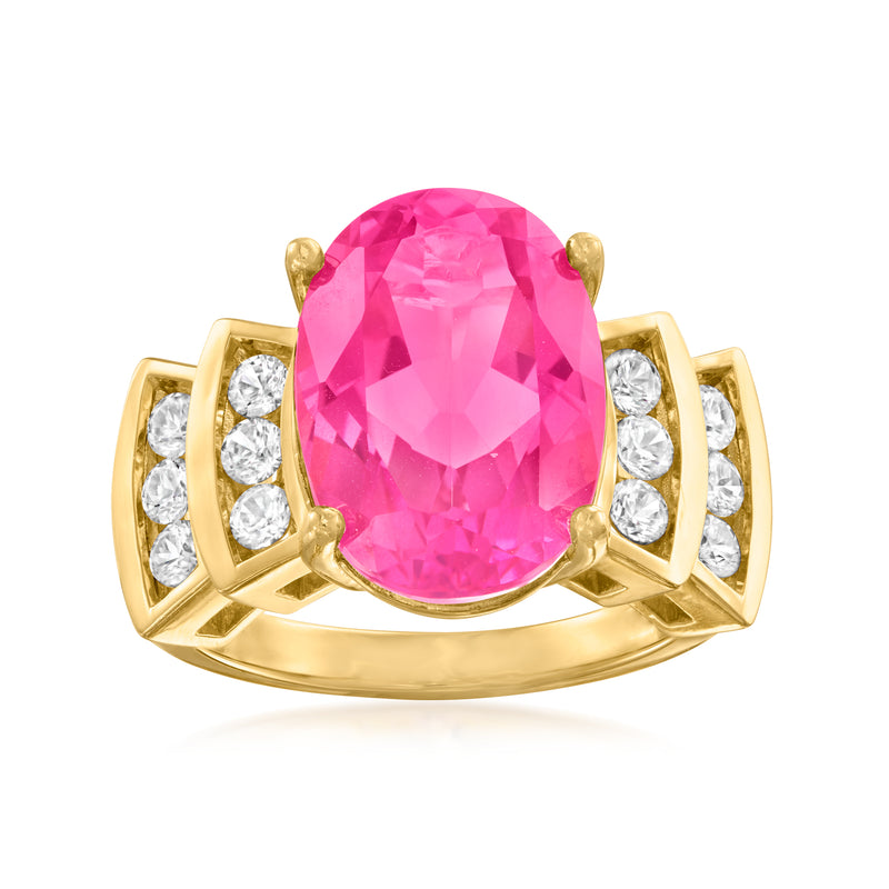 18kt gold over sterling ring with oval pink topaz center and white zircon side stones