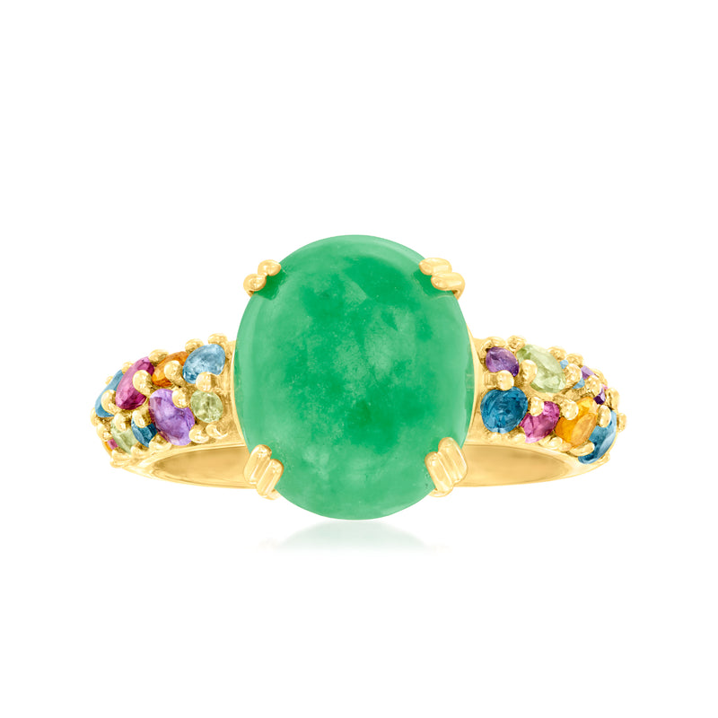 18k gold over sterling ring with oval green jade center and multicolor gemstone band