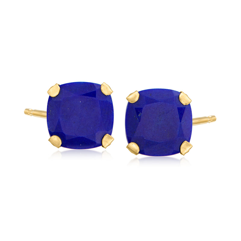 14kt yellow gold lapis lazuli stud earrings, cushion-cut blue stones with gold prongs
