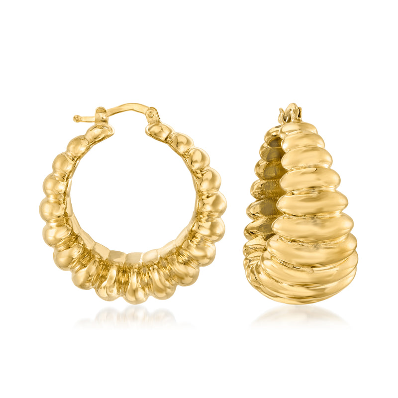 Gold-tone puffed hoop earrings with ridged bead texture, hinged back