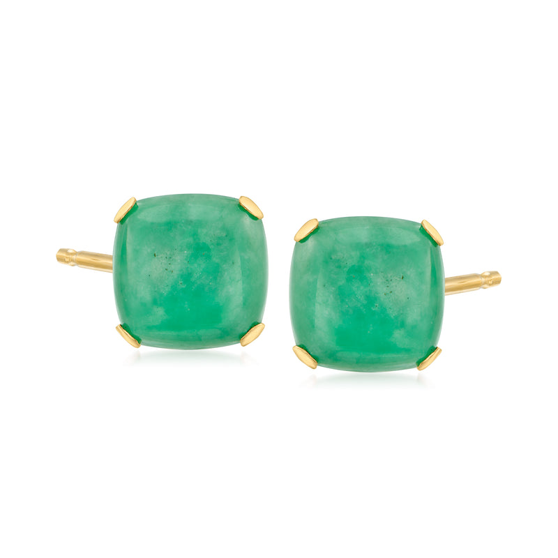 14kt yellow gold jade green cushion stud earrings with bezel