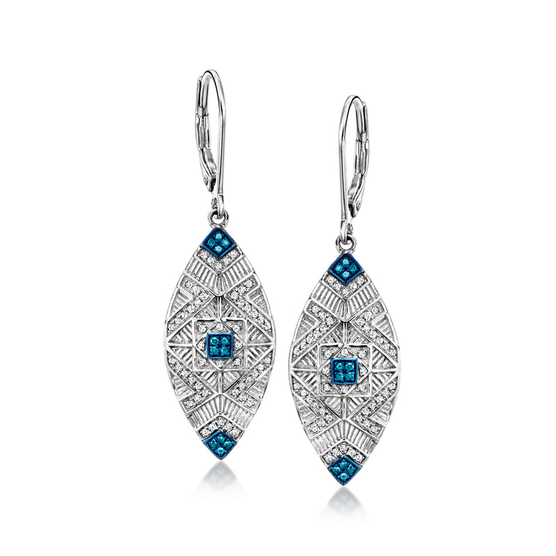 Sterling silver marquise drop earrings with blue and clear diamond-like accents