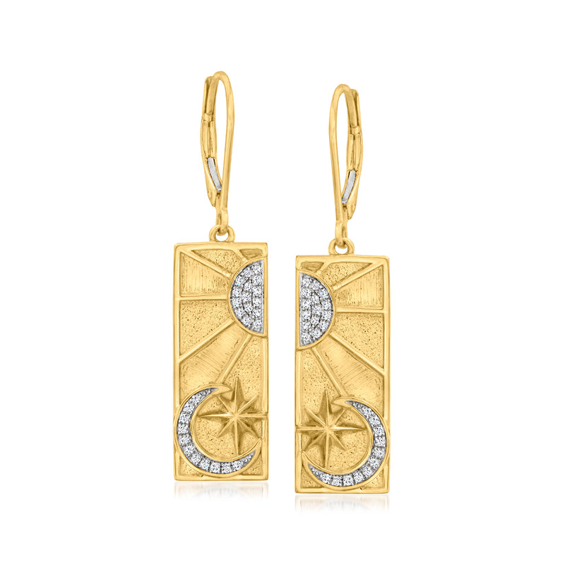 18kt gold over sterling leverback drop earrings with sun and moon motif, sparkle insets