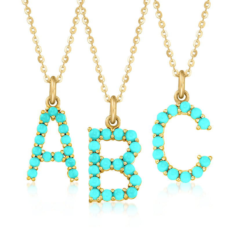 Turquoise bead initial pendant necklace with 14kt yellow gold chain and letter charms