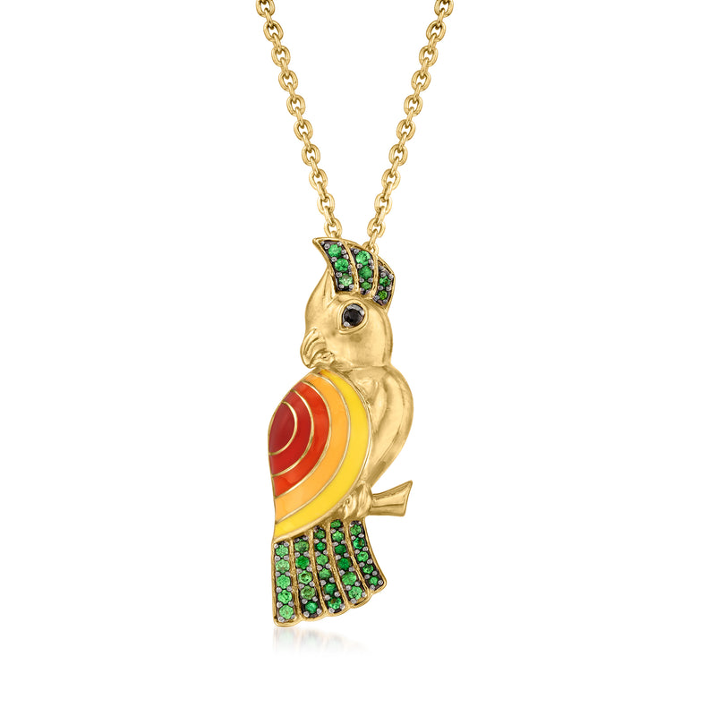 Gold bird pendant necklace with multicolored enamel and green gemstone-look details